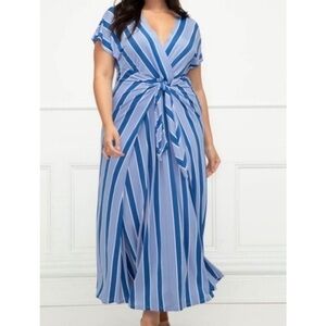 Eloquii Elements Blue Stripe Tie Front Deep V Plunging Neckline Maxi Dress 14/16